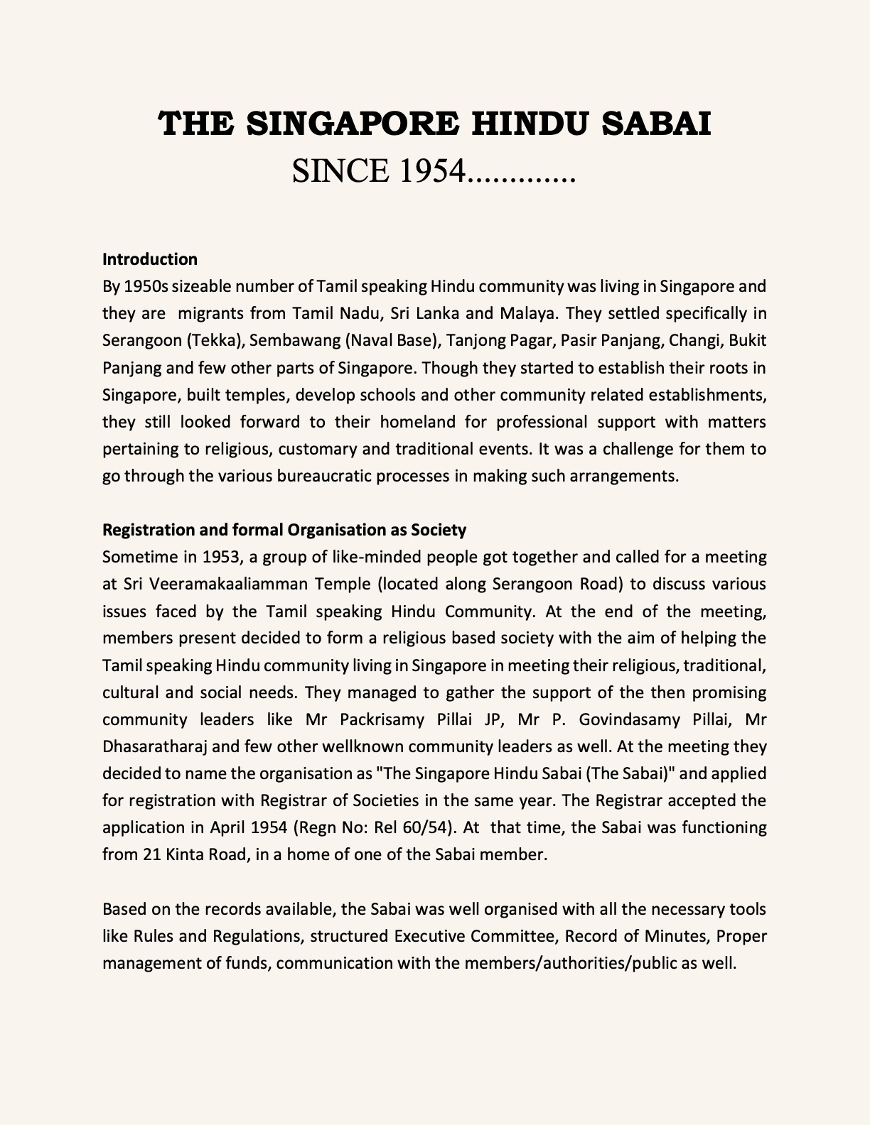 The Singapore Hindu Sabai since 1954 — page 1